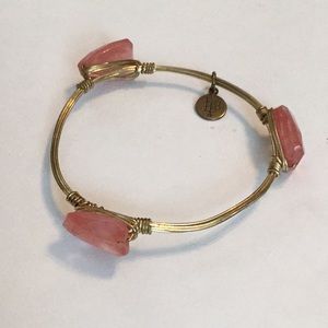 Bourbon & Bowties bangle bracelet, pink rock like stones, hangtag, wire bracelet